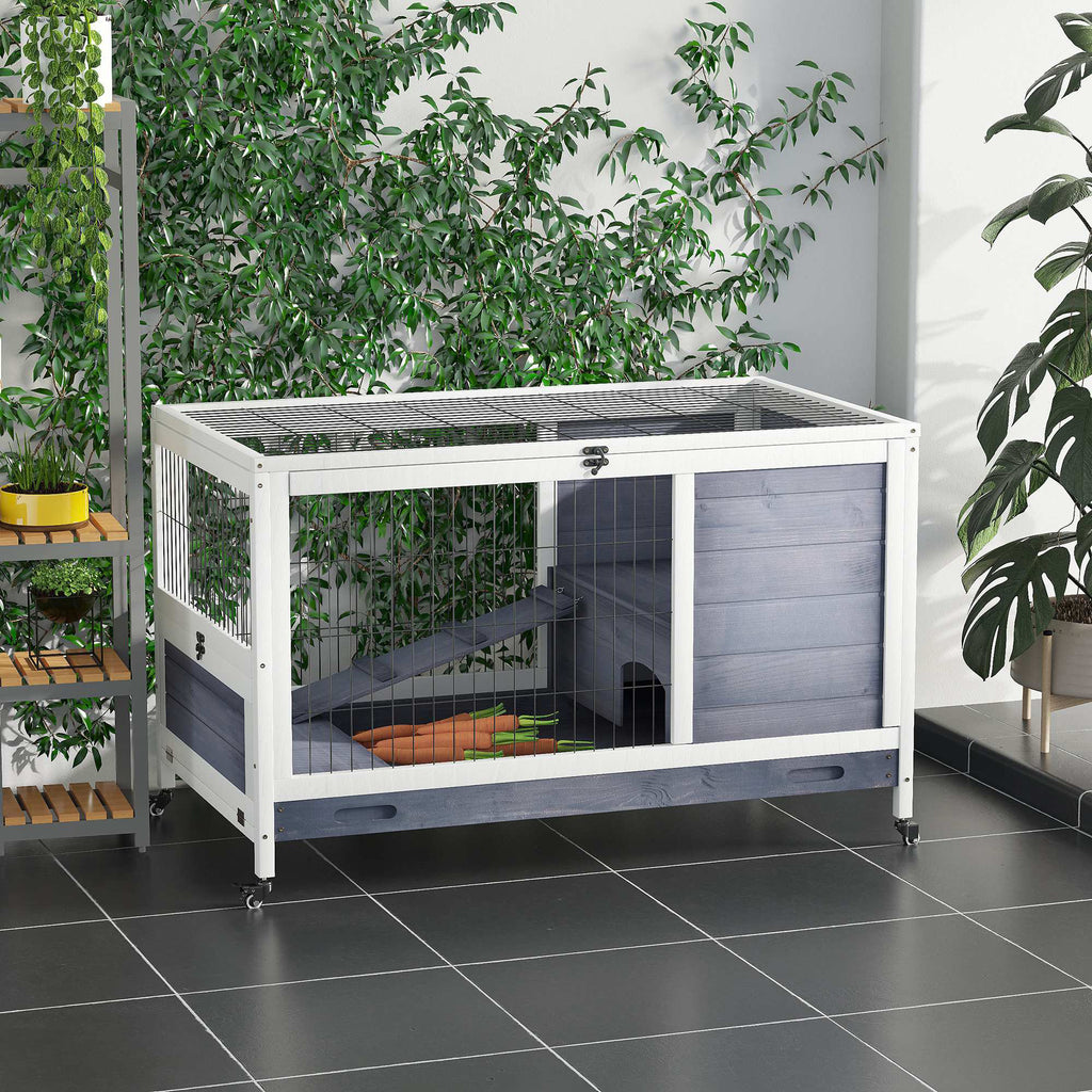 Wooden Guinea Pig Hutch, 2-Floor Bunny Cage w/ Enclosed Run Area, Grey