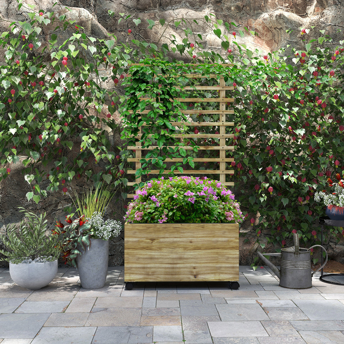 Wooden Raised Planter, with Back Trellis - Natural Finish