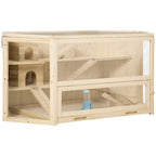 3 Tier Wooden Large Hamster Cage with Sliding Tray, Seesaws, Water Bottle, Natural