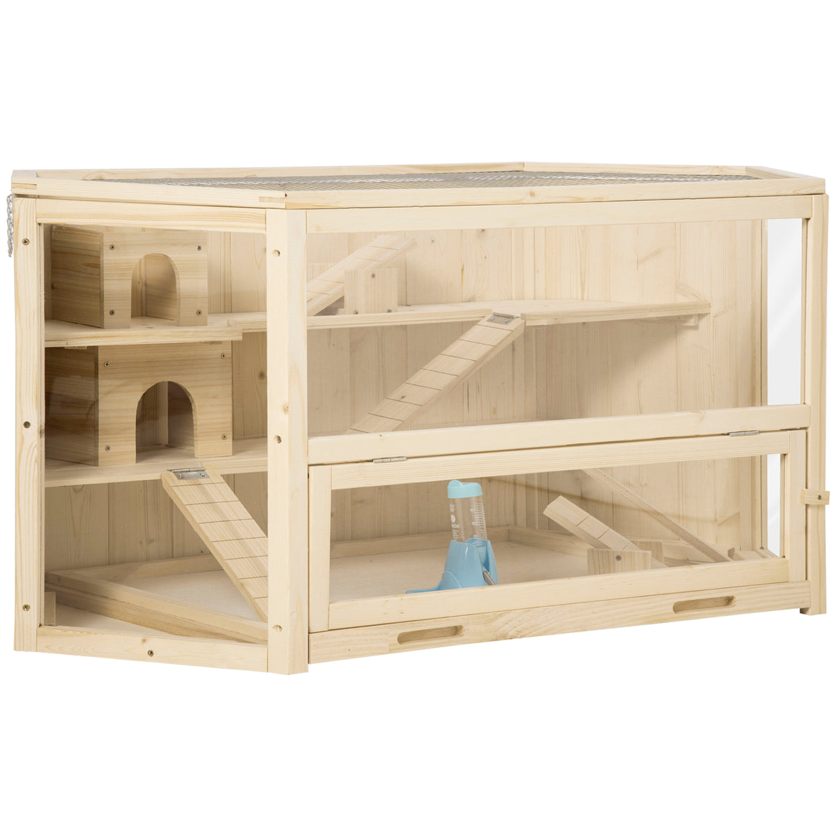 3 Tier Wooden Large Hamster Cage with Sliding Tray, Seesaws, Water Bottle, Natural
