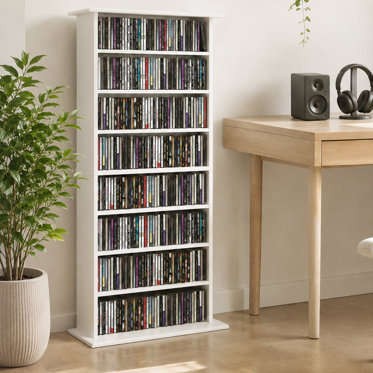 Schmaler Medienschrank, 8 Ebenen, 6 verstellbare Einlegeböden, 8 Fächer, für 360 CDs, Weiß