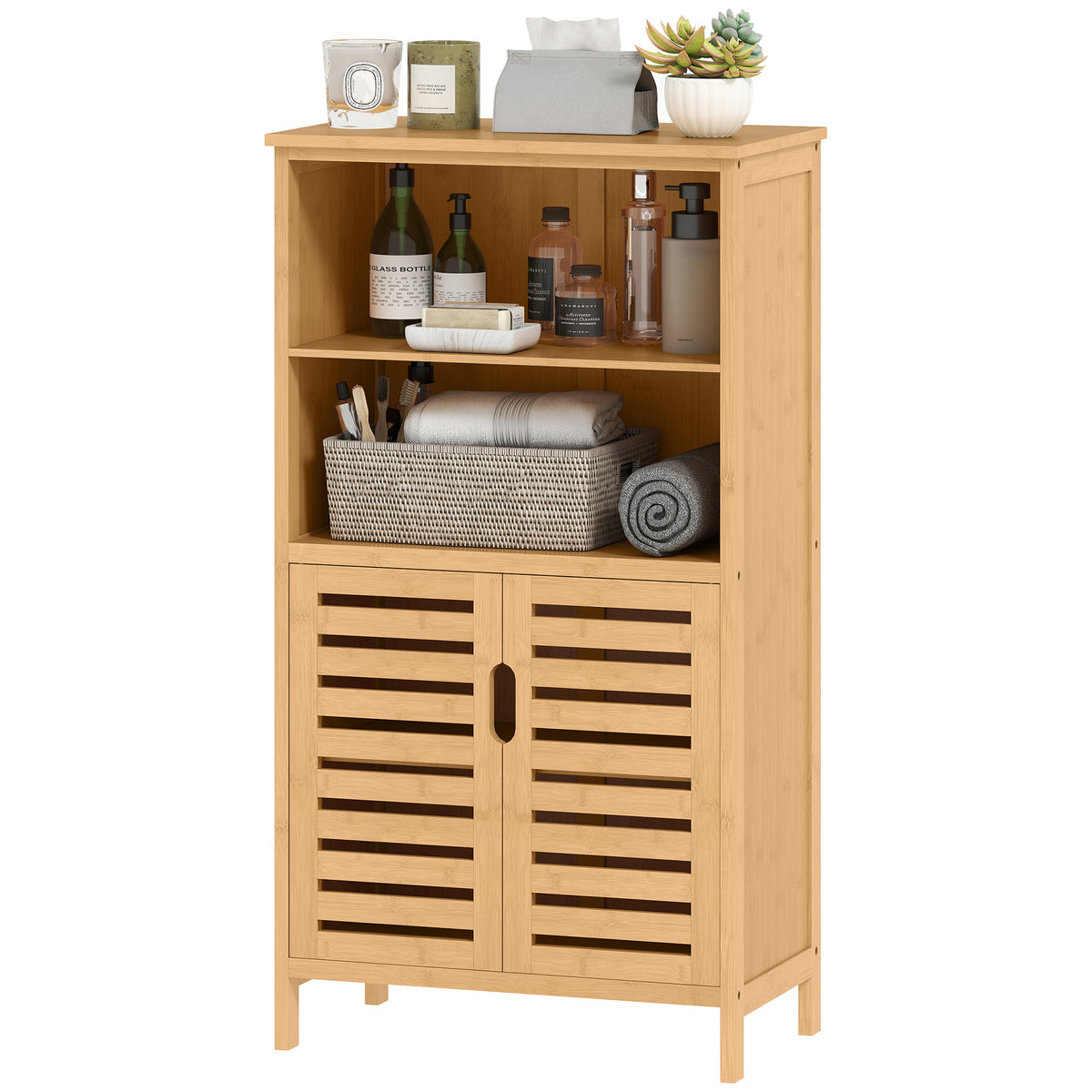 Badezimmerschrank aus Bambus, mit Lamellent¨¹ren, 2 Regale, 1 Schrank, 50?cm x 29?cm x 92?cm, Natur