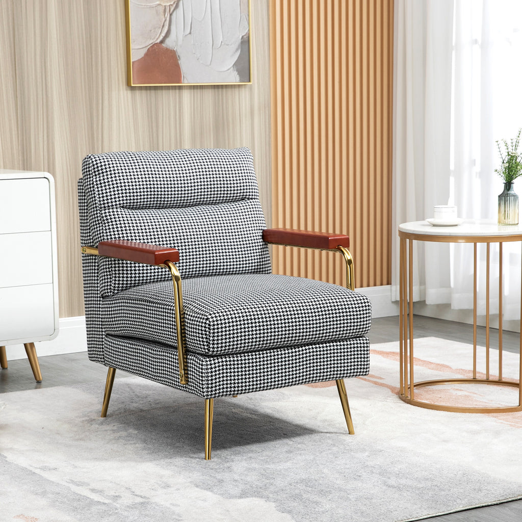 Sessel im Retrodesign, Akzentsessel, Hahnentrittmuster, Holzemelente, Federkern, Schwarz + Weiß