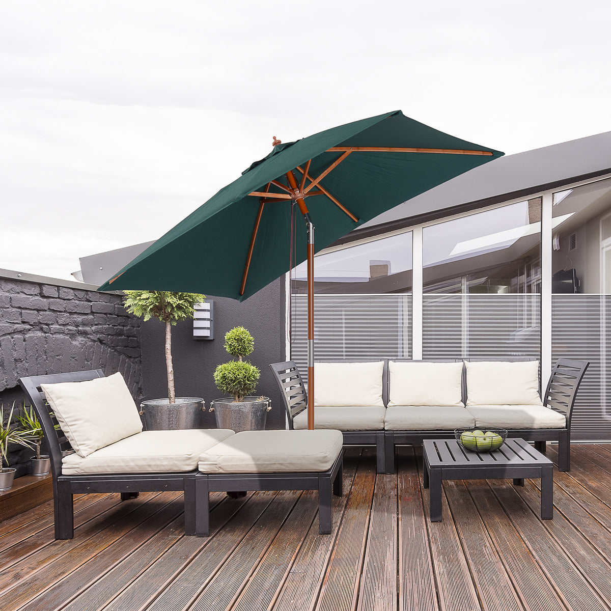 2m Tilting Wooden Pole Parasol - Green