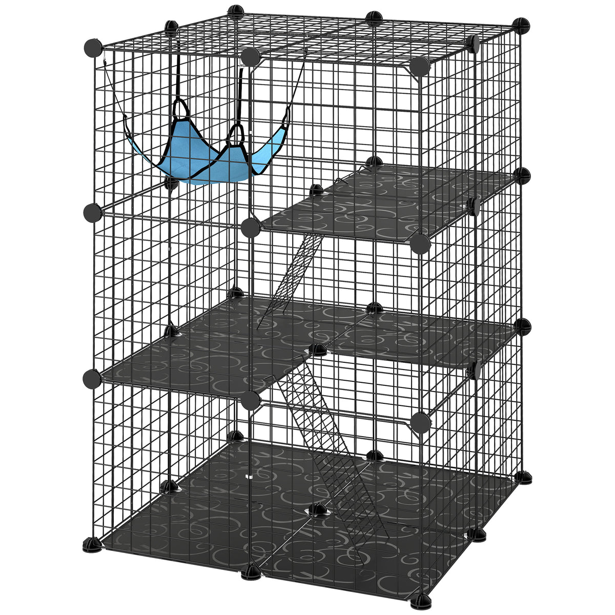 Indoor Cat Cage DIY Customizable 3-Tier Indoor Cat Enclosure with 3 Doors and Hammock 105 cm Black