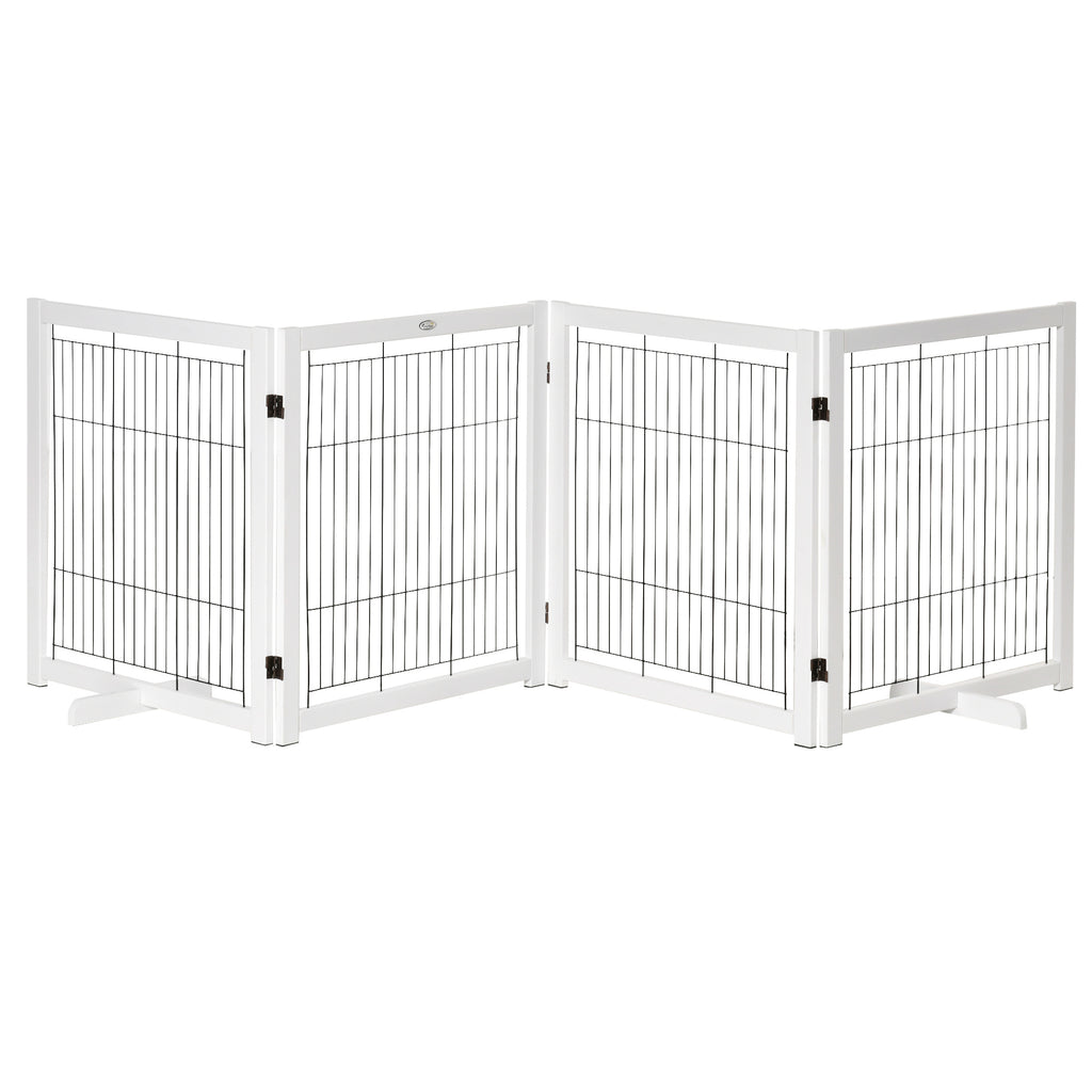 Absperrgitter Hund Freistehendes Schutzgitter mit Füßen 305 x 82 cm Holz Hundegitter Klappbar Treppenschutzgitter Hundeabsperrgitter für Treppen, Türen, Flur, 4 Paneelen, Weiß