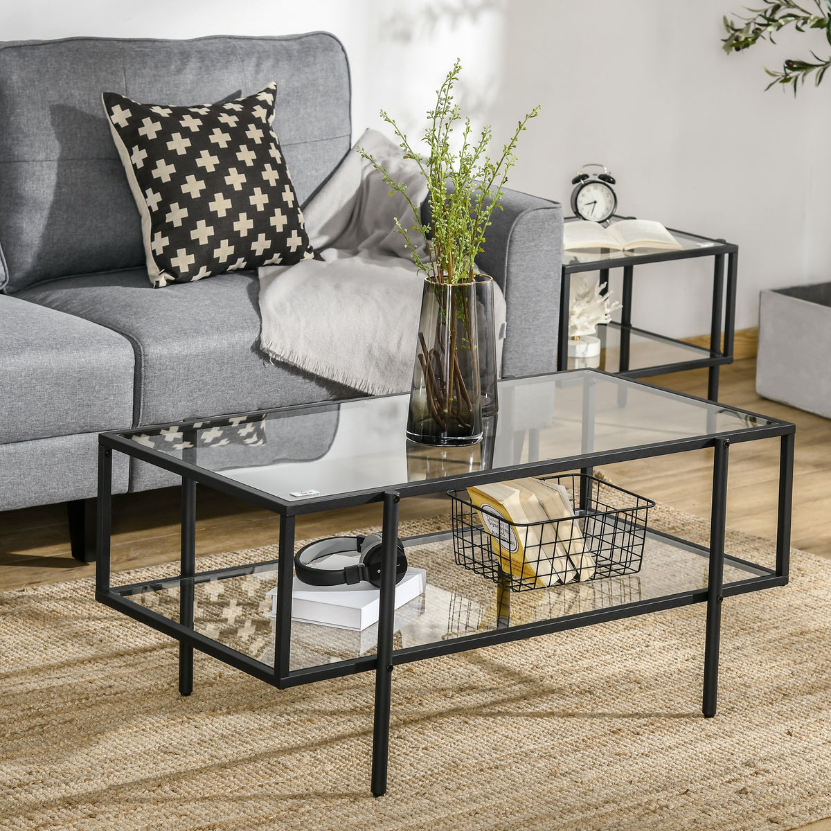 Couchtisch mit Ablage, verstellbare F¨¹?e, Stahlrahmen, Glasplatte, 100 x 55 x 45,5 cm, Wei?