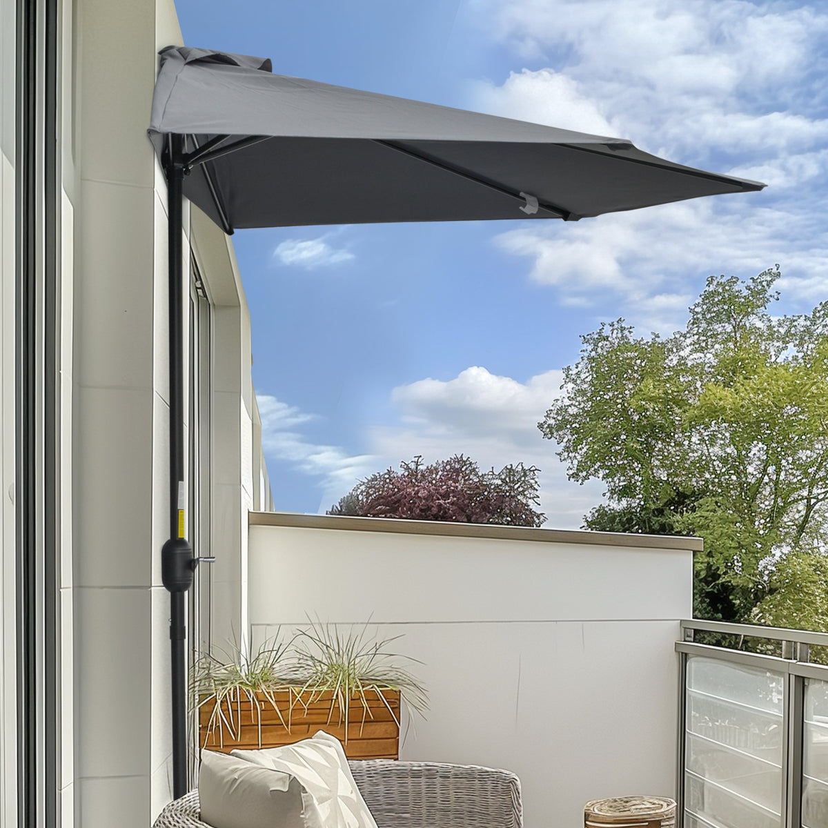 3(m) Half Parasol, Semi Round Umbrella with Metal Frame, Crank Handle for Balcony, Garden, Grey