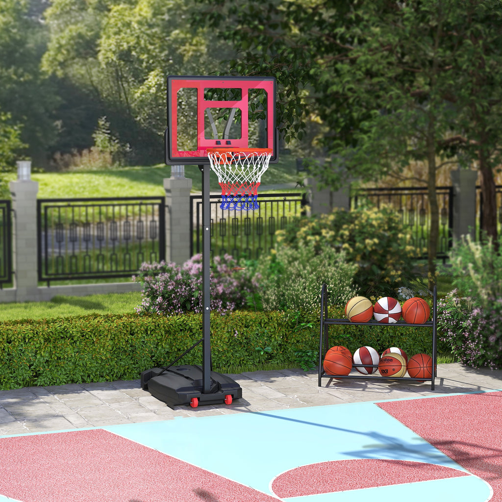 Basketballkorb, Outdoor-Basketballkorb für Jugendliche 200-260 cm höhenverstellbar, mit Rädern, Rot