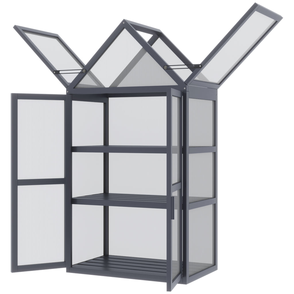 Frühbeet Mini Gewächshaus 3 Ebenen Treibhaus Pflanzenbeet mit aufklappbarem Dach Doppeltüren aus Holz Polycarbonat wetterfest Natur 70,5 x 42 x 132 cm