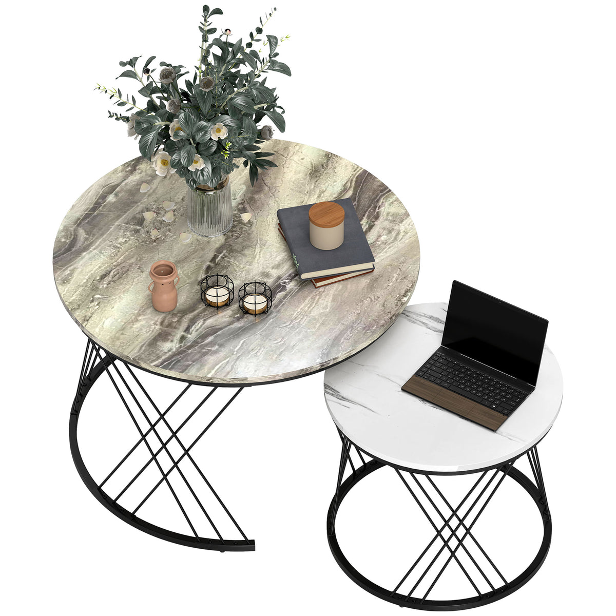 Couchtische im 2er-Set, Marmoroptik, Spanplatte, Metall, runde Kaffeetische für Wohnzimmer, ineinanderstellbar Grau+Weiß