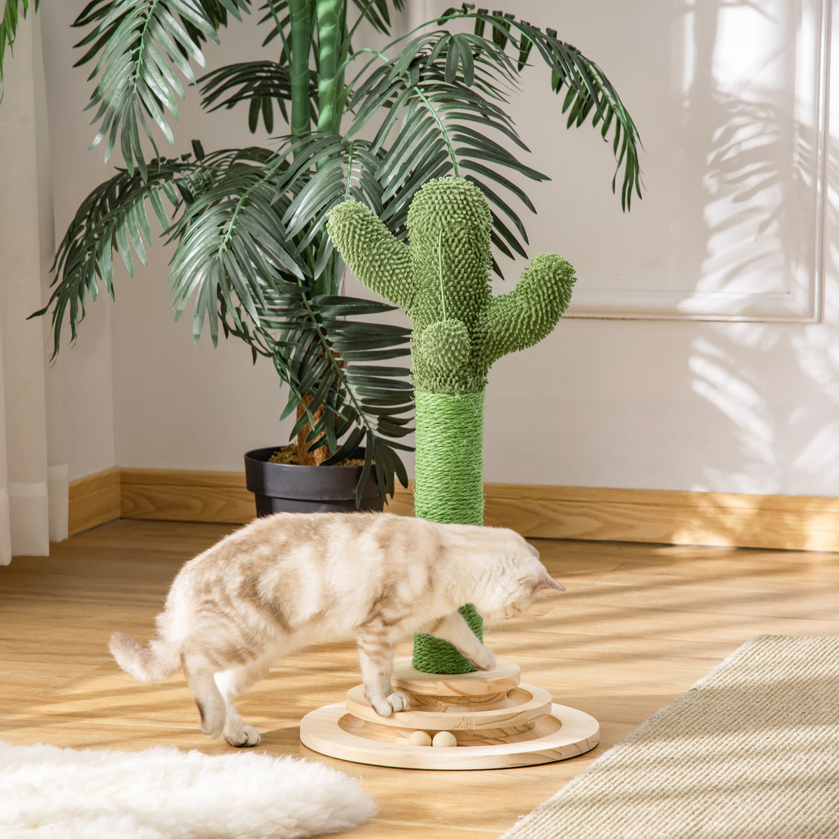 Cat Tree Cactus Sisal Scratching Post for Indoor Cats Play Tower Kitten Furniture with Hanging Ball Interactive Fun Roller Exerciser 32 x 32 x 60cm