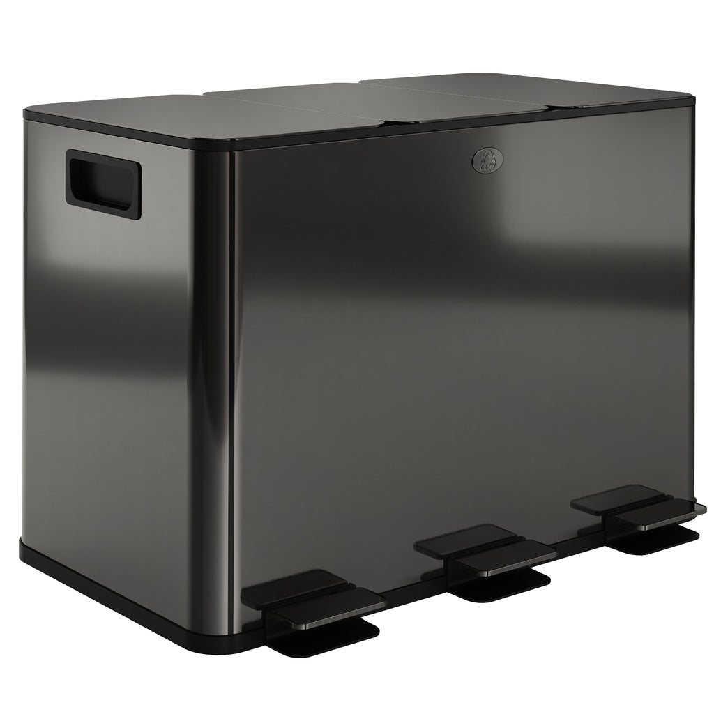 3 x 15L Pedal Bin, Steel Triple Kitchen Bin with Soft Close Lid, Removable Inner Buckets, Fingerprint-Proof, Black
