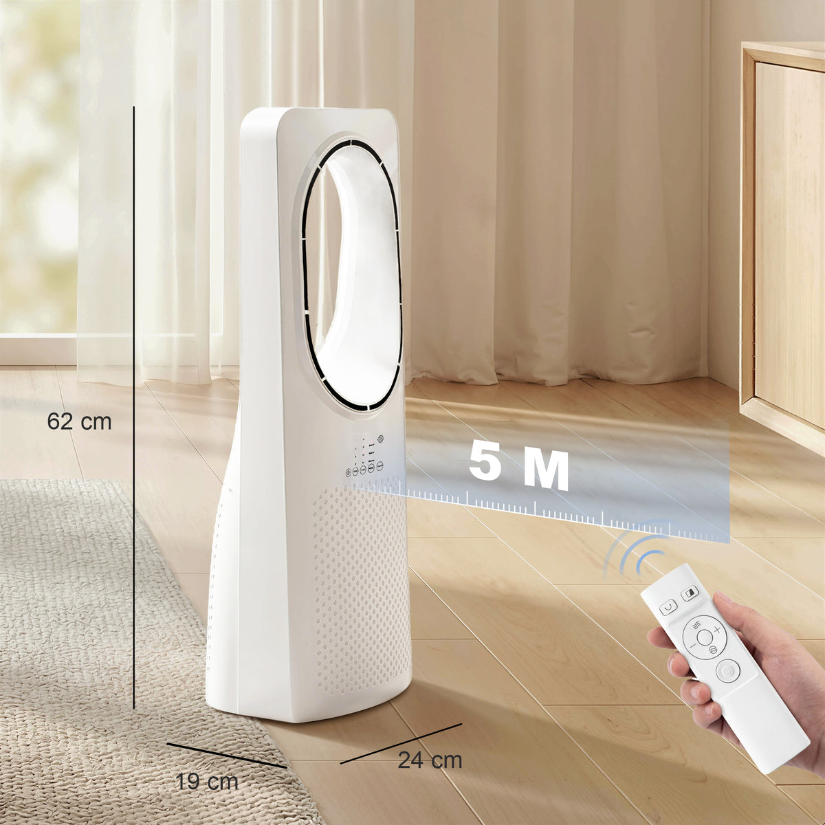 Bladeless Turmventilator für Schlafzimmer, 36 dB Standventilator mit 45° Oszillation, 3 Geschwindigkeiten, 3 Modi, 15-Stunden-Timer, Weiß