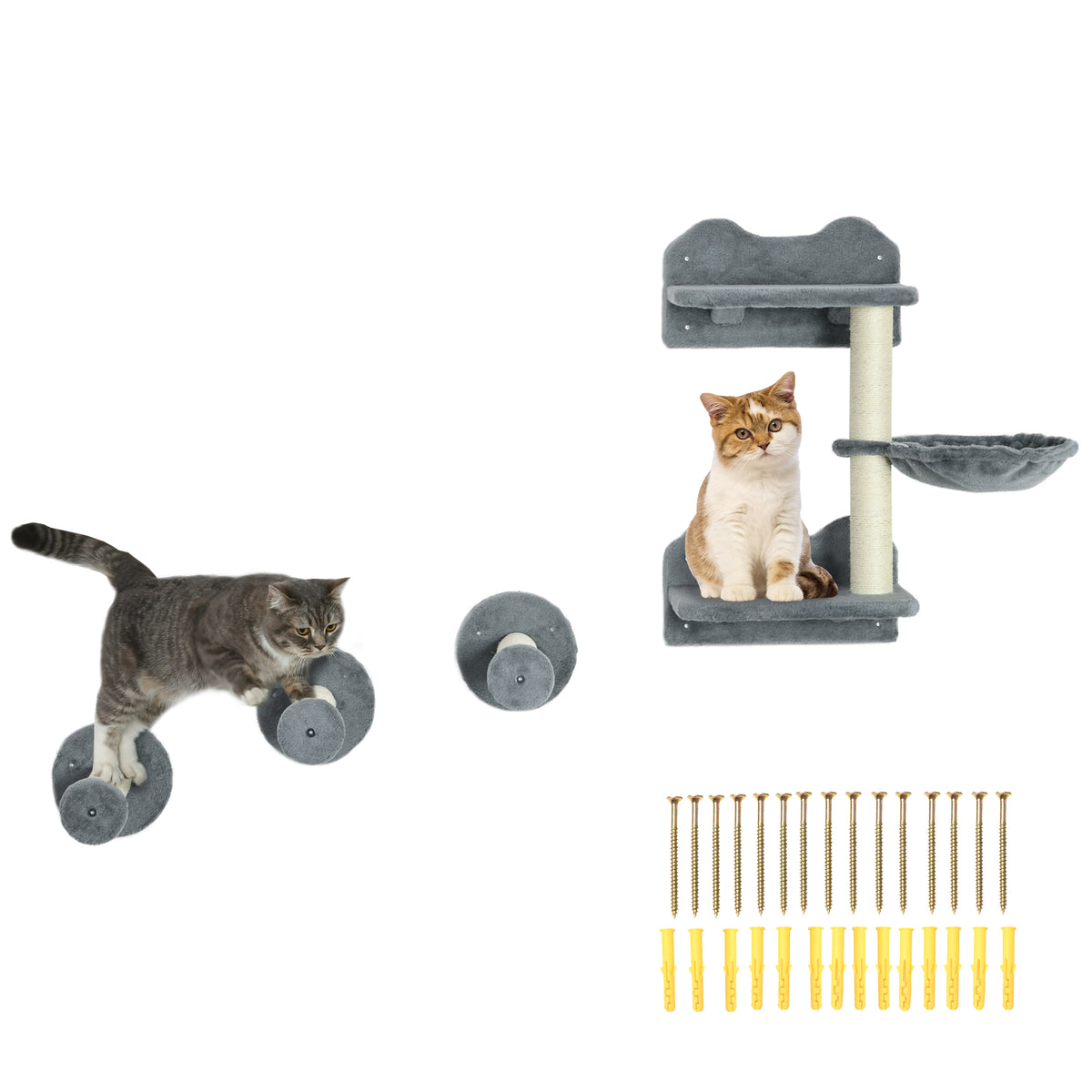 4 Piece Cat Shelf with Scratching Post, Wall-Mounted Cat Tree for Indoor Cat - Grey
