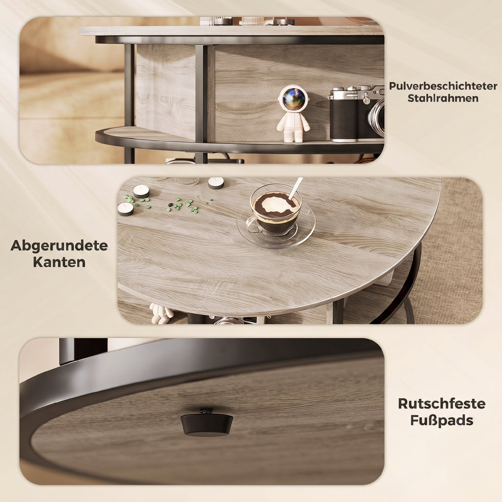 Runder Kaffeetisch mit anhebbarer Tischplatte, Stauraum, seitliche Regale, Stahlrahmen, Couchtisch, Eiche