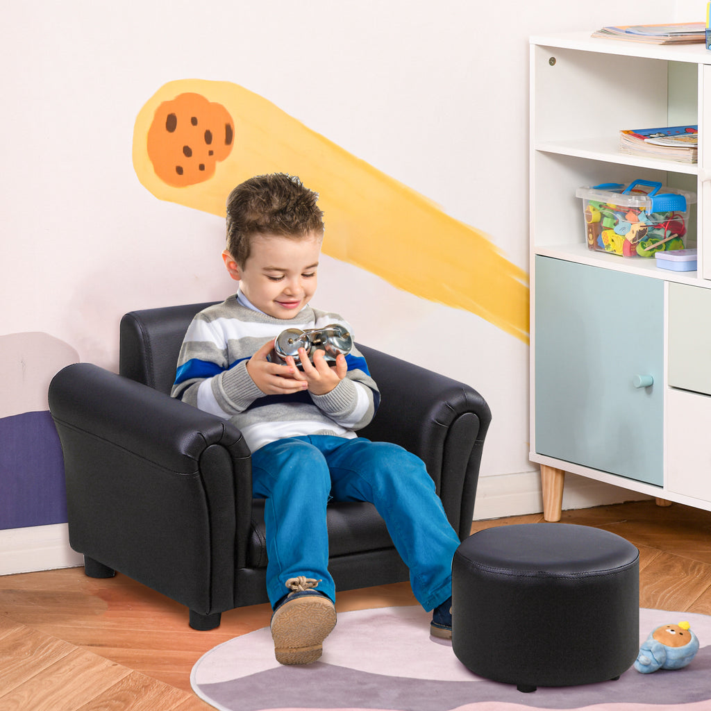Kindersessel mit Fußhocker Kindercouch Kindersofa Minisofa für 1,5-3 Jahre Kinder Kindermöbel Holz Schwarz 54 x 42 x 41 cm