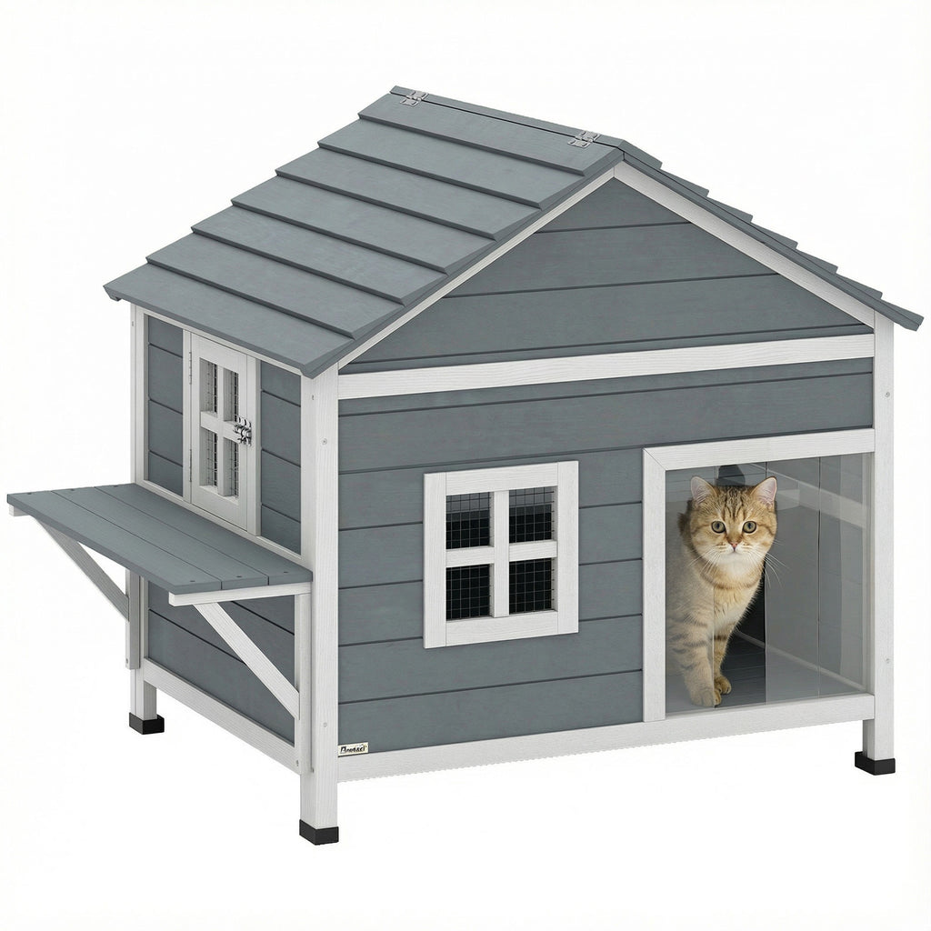 Katzenhaus aus Holz 2-Etagen Katzenhöhle mit wasserdicht aufklappbar Dach, seitlicher Plattform, 101x72,5x81cm, Grau