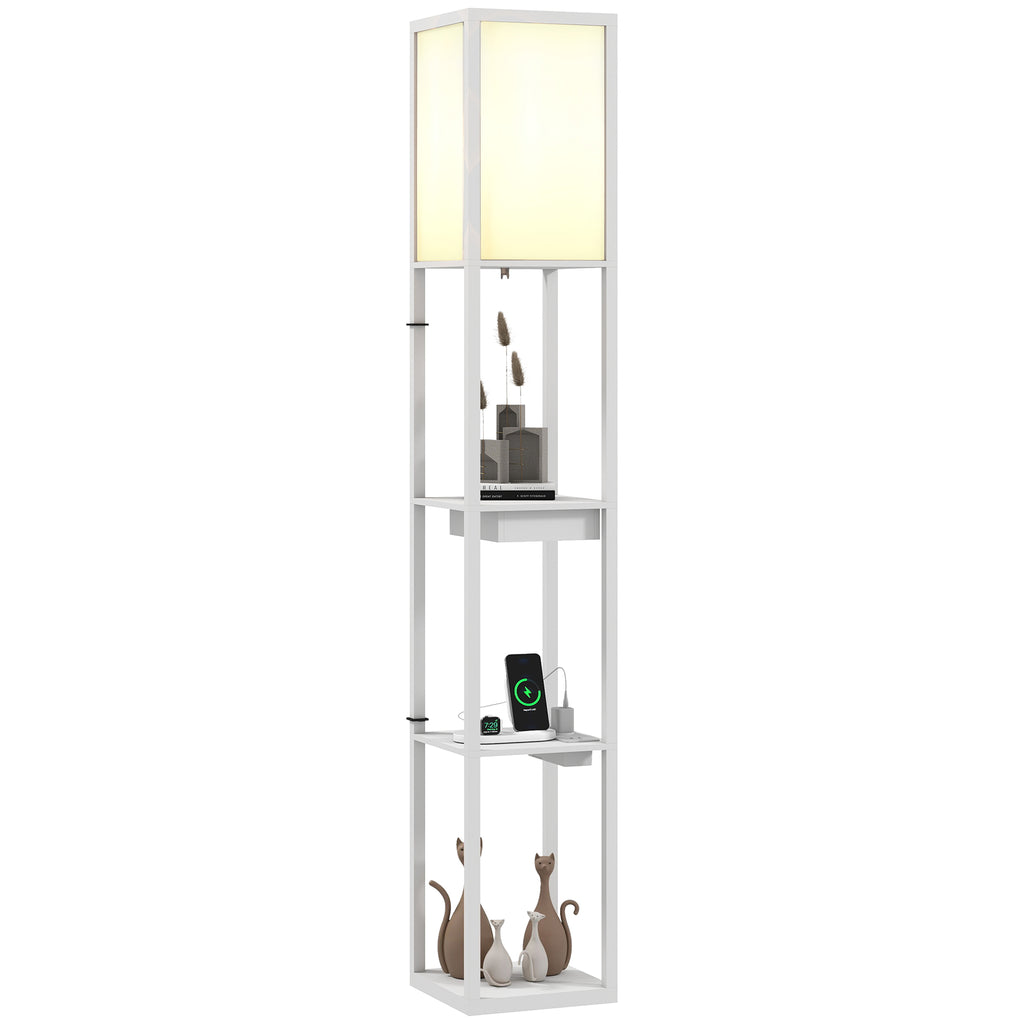 Stehlampe mit 3-stufigem Regal, Fußschalter, USB-Anschlüssen, MDF, Weiß