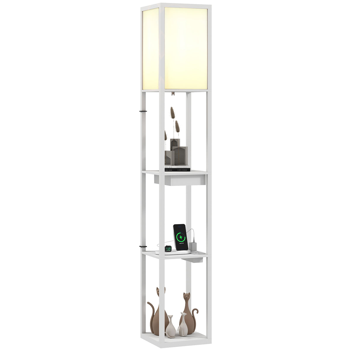 Stehlampe mit 3-stufigem Regal, Fußschalter, USB-Anschlüssen, MDF, Weiß