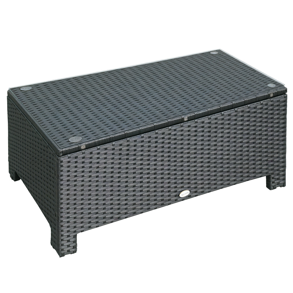 PE Rattan Coffee Table, Rectangular Outdoor Coffee Table with Tempered Glass Top, 70 KG Capacity for Garden, Balcony, Terrace, Patio, Black
