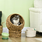 Woven Banana Leaf Elevated Cat Bed Wicker Kitten Basket Pet Den. House Cosy Cave with Soft Cushion Dome 42x33x52cm Brown