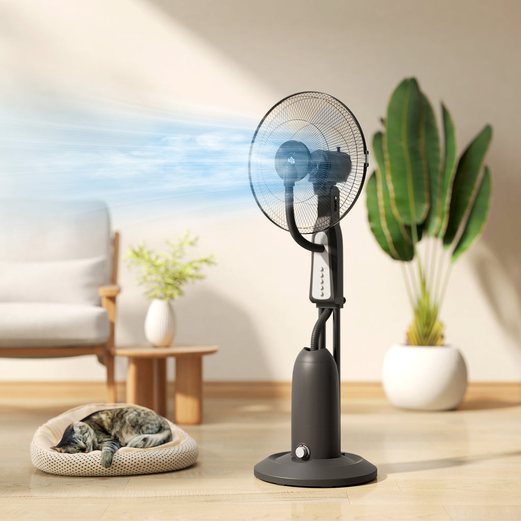 Ventilator mit Sprühnebelfunktion, 3 Liter-Tank, 75 Grad drehbar, 3 Geschwindigkeiten, rollbar, 125 cm, Schwarz