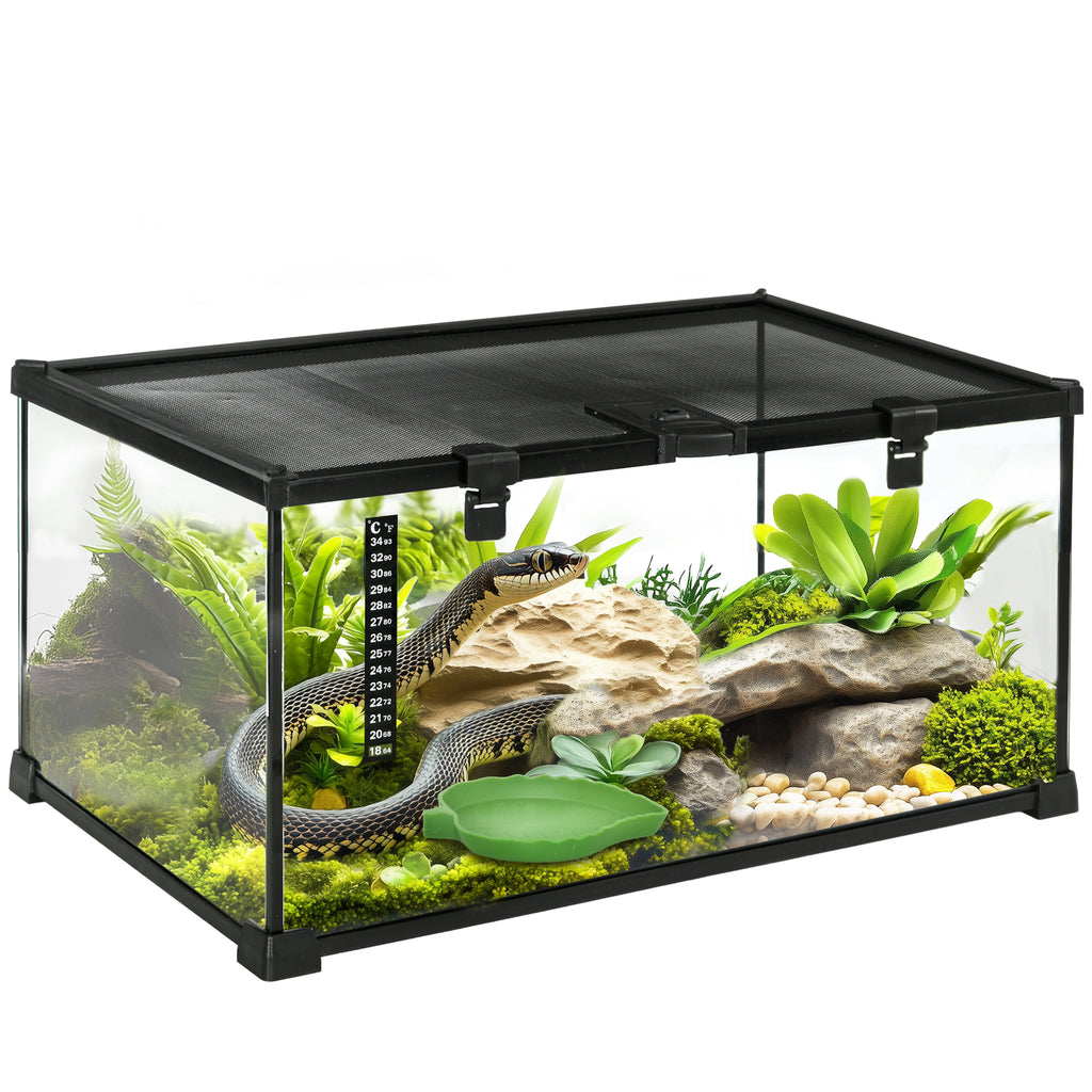 Reptilienbox Terrarium, inkl. Streifenthermometer, Fütterungsklappen, 50 cm x 30 cm x 25 cm, Glas + Metall, Schwarz