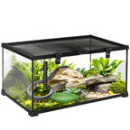 Reptilienbox Terrarium, inkl. Streifenthermometer, Fütterungsklappen, 50 cm x 30 cm x 25 cm, Glas + Metall, Schwarz