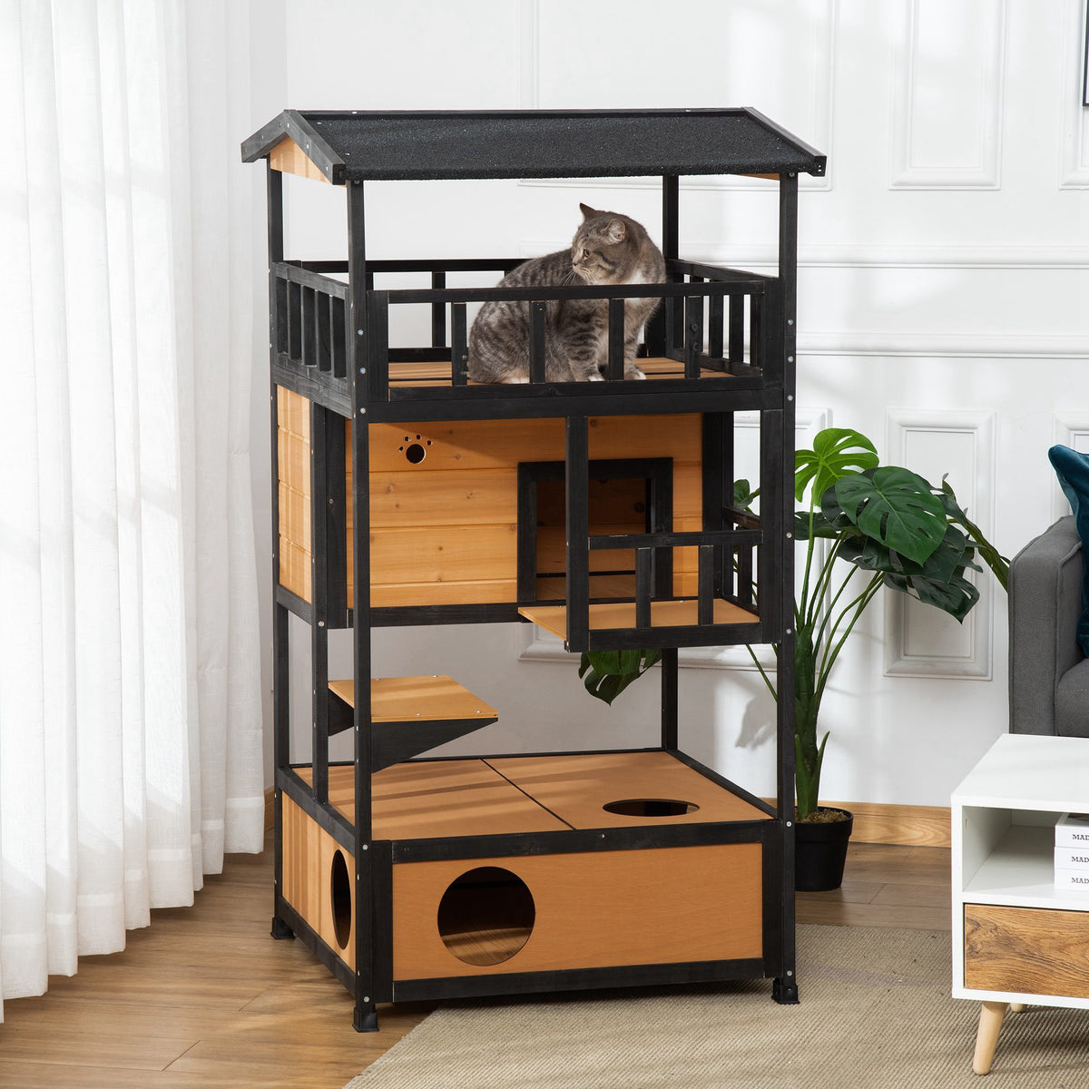 Wooden Outdoor Cat House, 3-Tier Cat Shelter with Tilted Roof, Terrace, Jump Step, Bottom Tray and Elevated Base, Waterproof Paint, Yellow