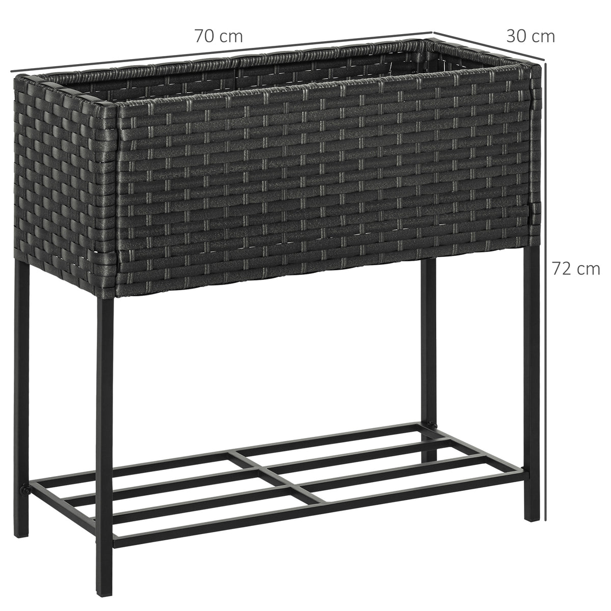 Hochbeet, Blumenkasten, tiefe Ablage, Metallrahmen/Polyrattan, 70 x 30 x 70 cm, Dunkelbraun