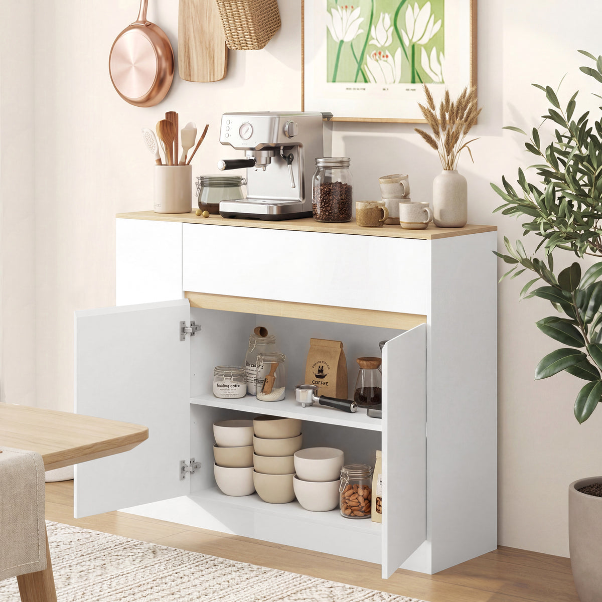 Sideboard, gro?es Schrankfach, 3 Ablagef?cher, Schublade, 106 x 30 x 81,2cm, Wei?/Holz