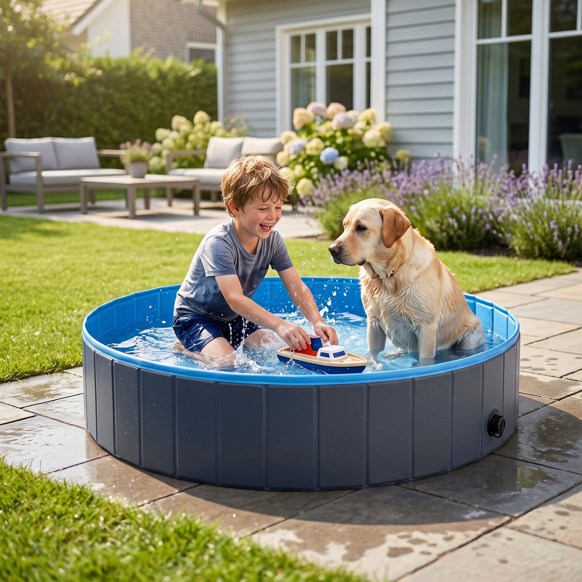 Foldable Dog Pool for Puppies and Ducks Dog Paddling Pool Bath Tub, Dark Grey, 160 x 30cm