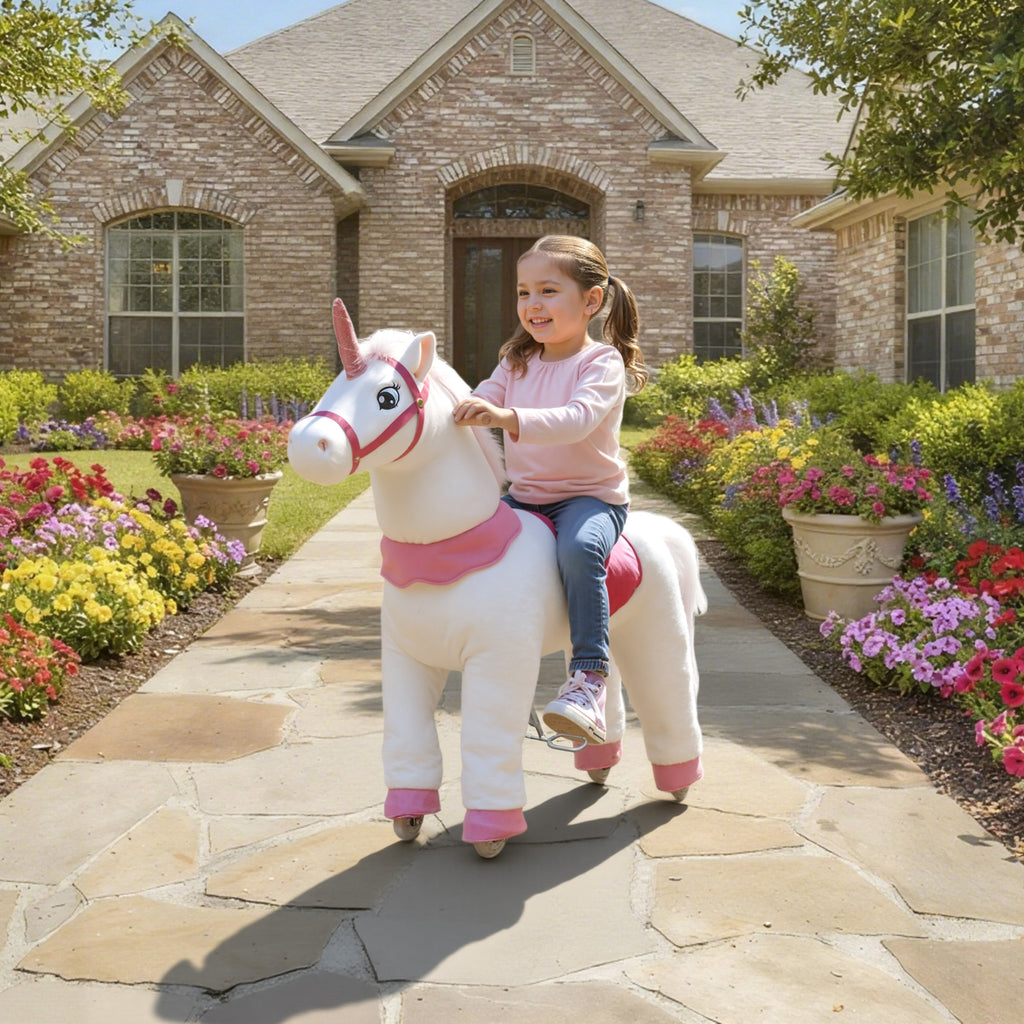 Reitpferd f¨¹r Kinder, Einhorn-Design, Stoffbezug, stabiler Rahmen, sanfte R?der, Schaukelpferd, 3-5 Jahre, Wei?