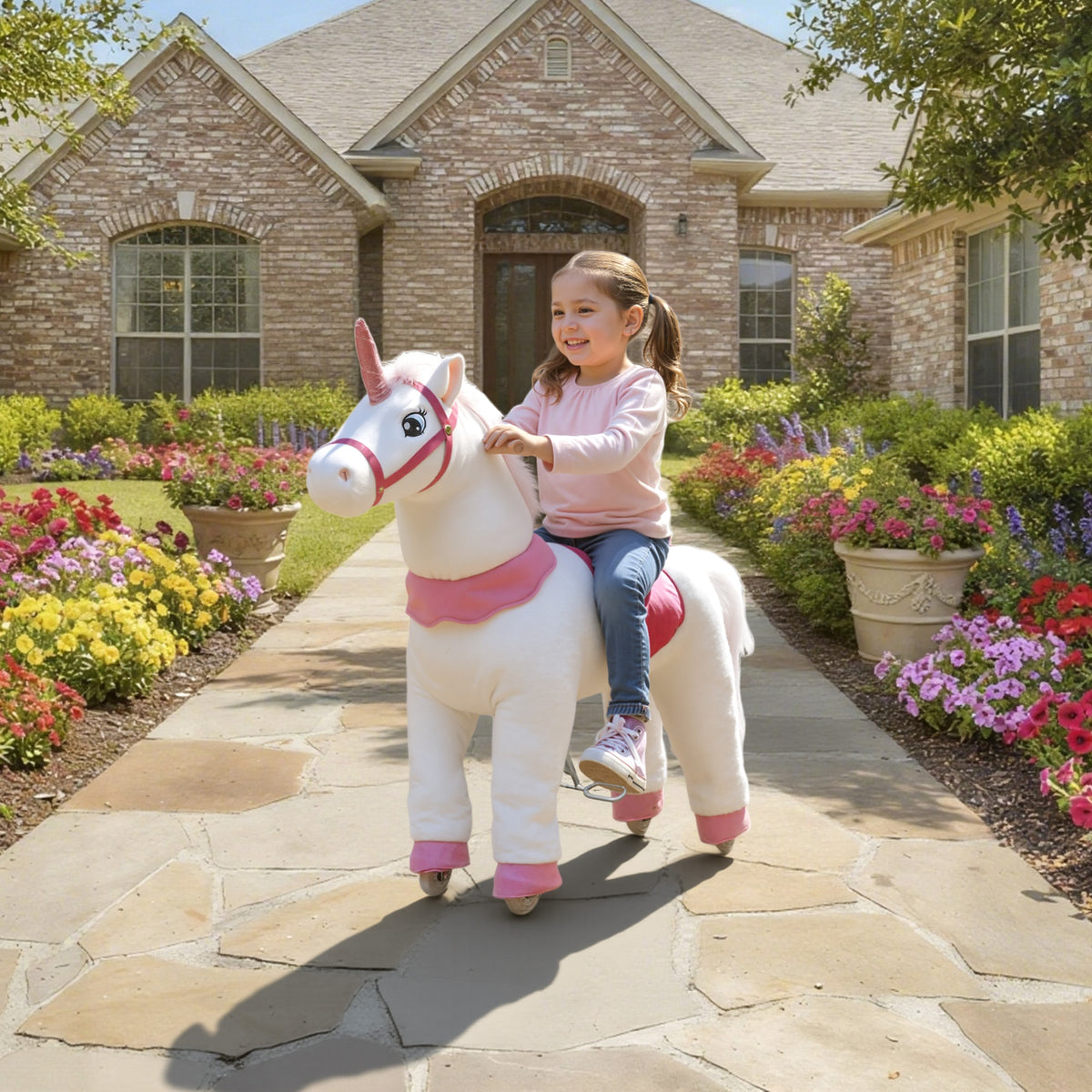 Reitpferd f¨¹r Kinder, Einhorn-Design, Stoffbezug, stabiler Rahmen, sanfte R?der, Schaukelpferd, 3-5 Jahre, Wei?