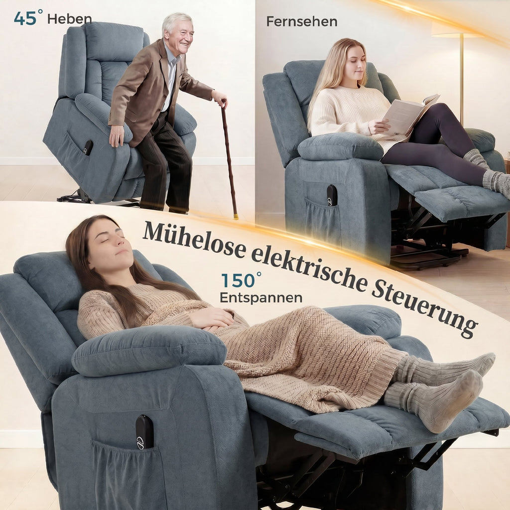 Aufstehsessel mit weichem Bezug, Recliner-Sessel mit Fernbedienung und Seitentaschen, Grau