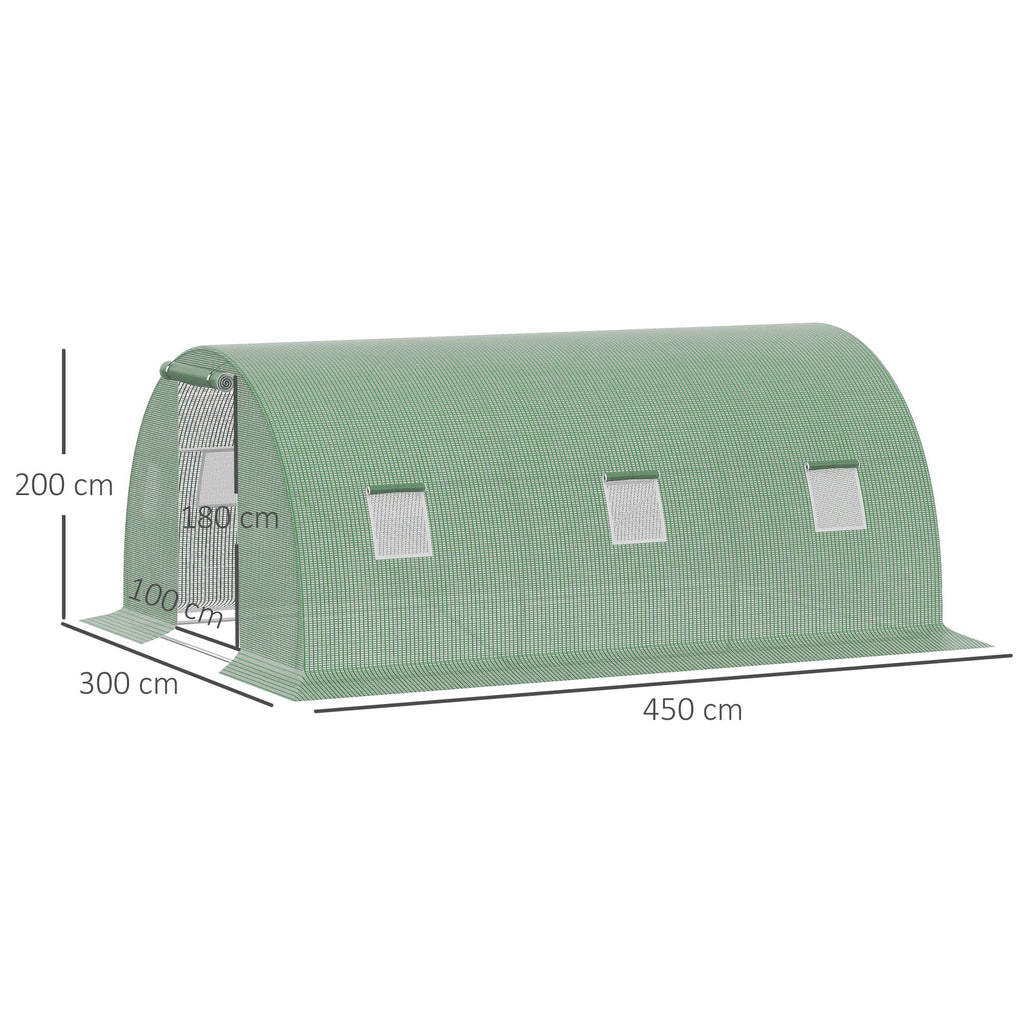  Foliengewächshaus begehbares Polytunnel 4,5 x 3 m Gewächshaus mit 6 Fenster Treibhaus Frostschutz Stahlrohr Dunkelgrün