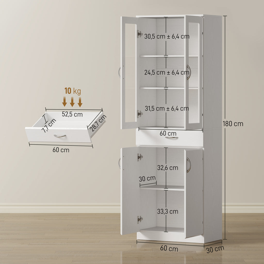 K¨¹chenschrank Buffetschrank mit verstellbar Regal Schublade 2 Schrank Hochschrank mit Glast¨¹r 60 x 35 x 180 cm Wei?
