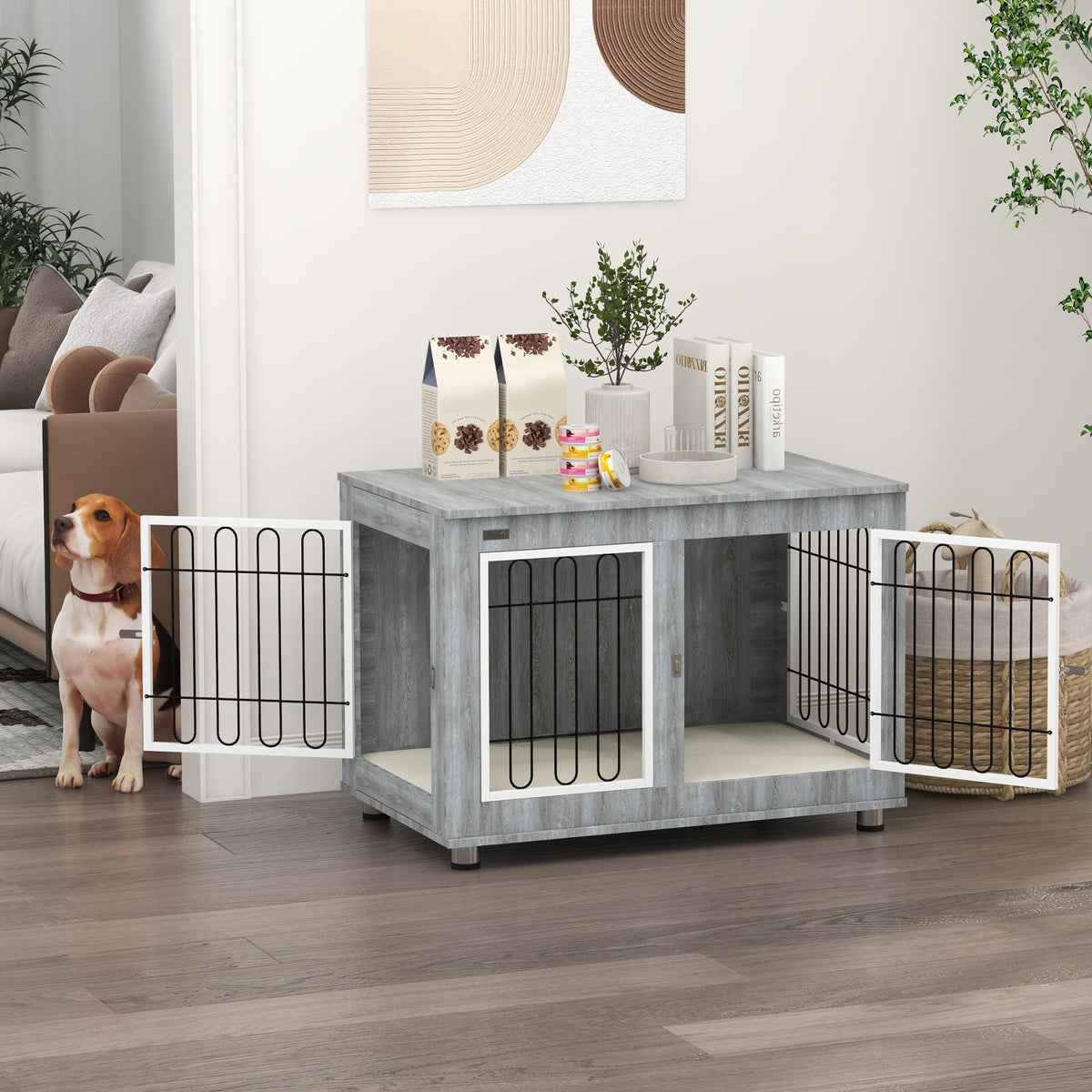Dog Crate Furniture End Table, with Washable Cushion, Double Doors, for Medium/Large Dogs, Grey