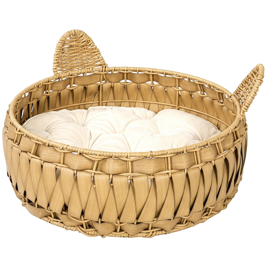 Katzenbett Rattan Katzenhöhle mit abnehmbares Kissen, Katzenkorb für Katzen bis 10 kg, 50 x 50 x 25 cm, Hellbraun