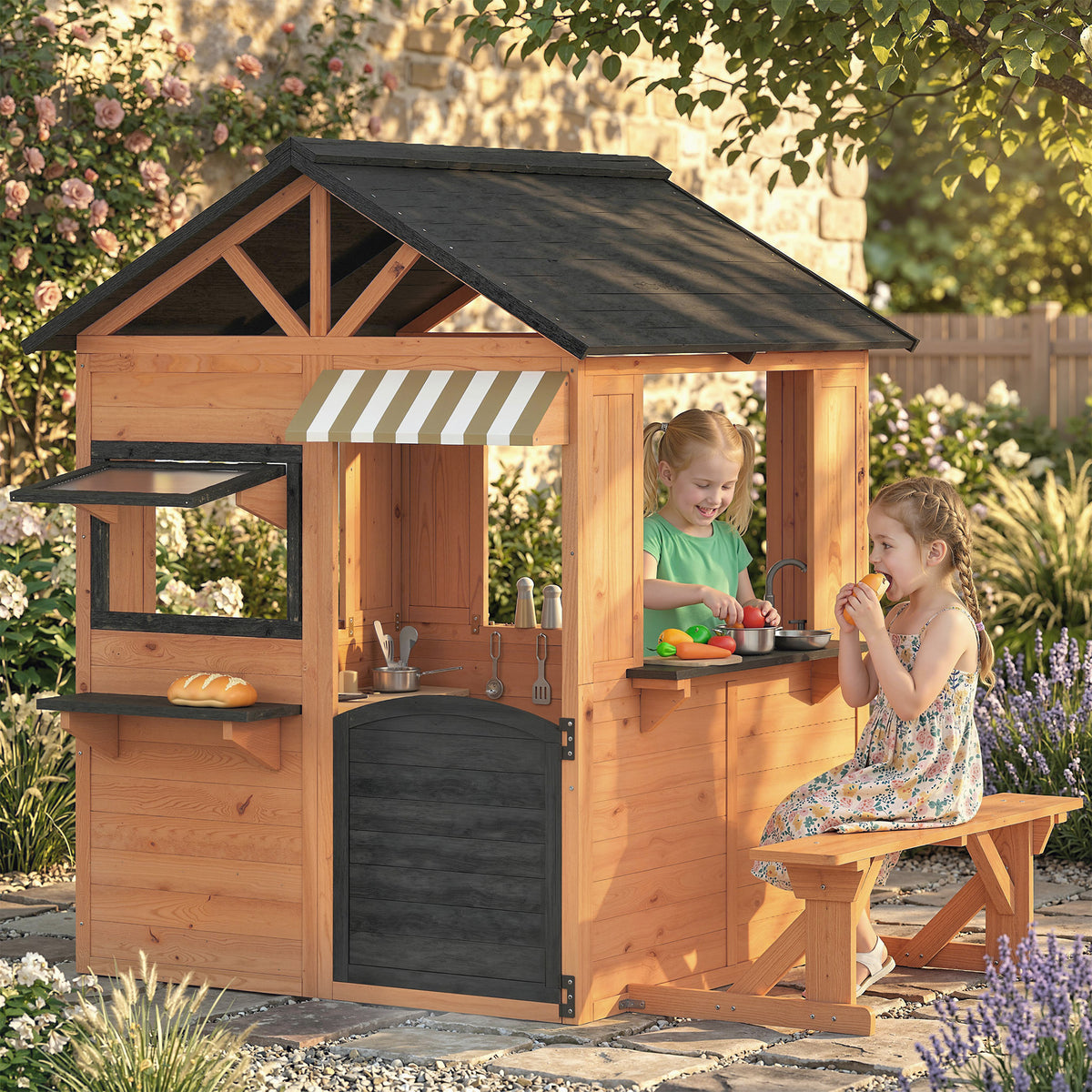 Kinderspielhaus Holz Spielhaus Outdoor mit Küche Bank Verkaufstheke Fenster Tür für 3-8 Jahre 171,5 x 146 x 156 cm Braun