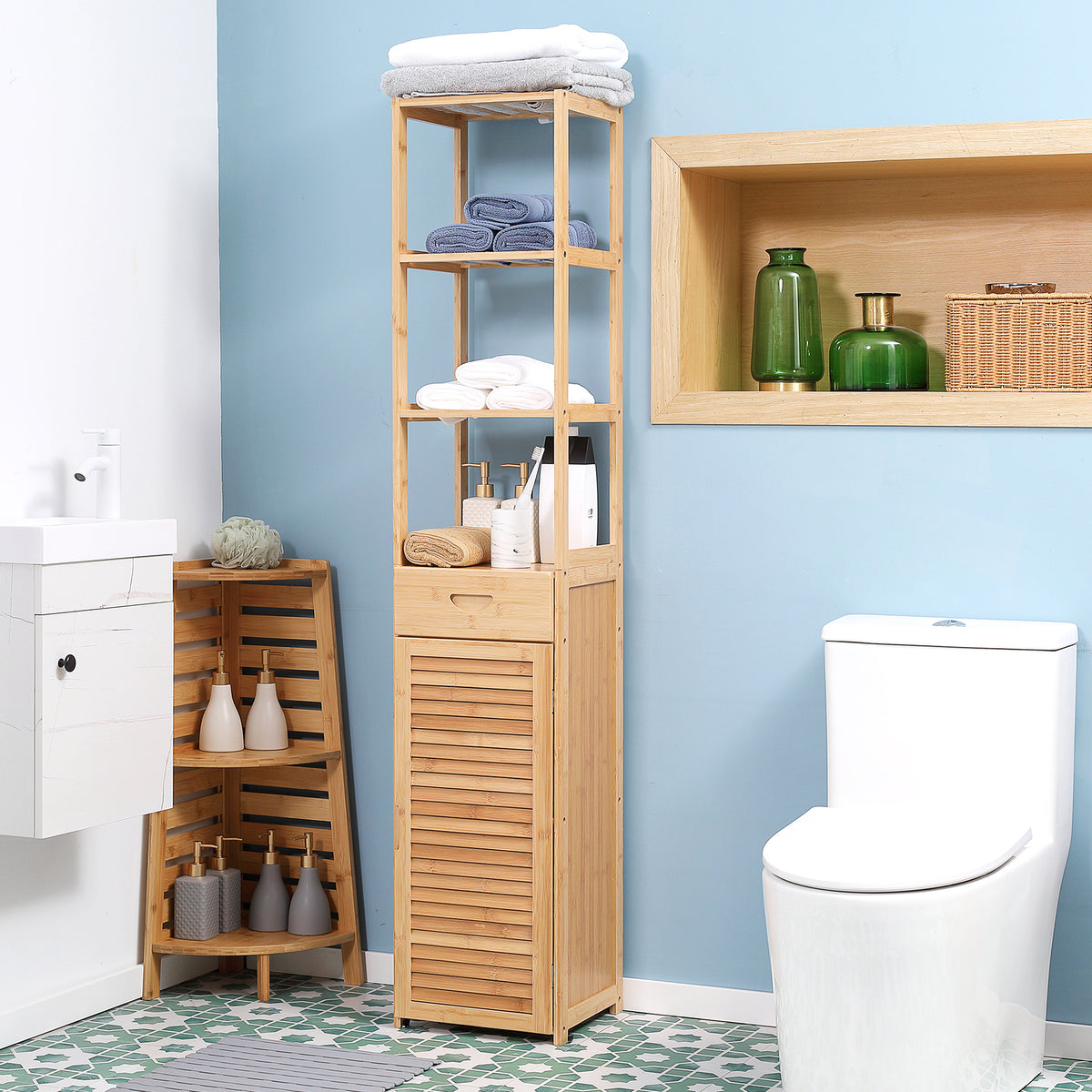 Badezimmerregal, 3 offene F?cher, Schublade, Lamellent¨¹r, Bambus, 32 x 30 x 163 cm