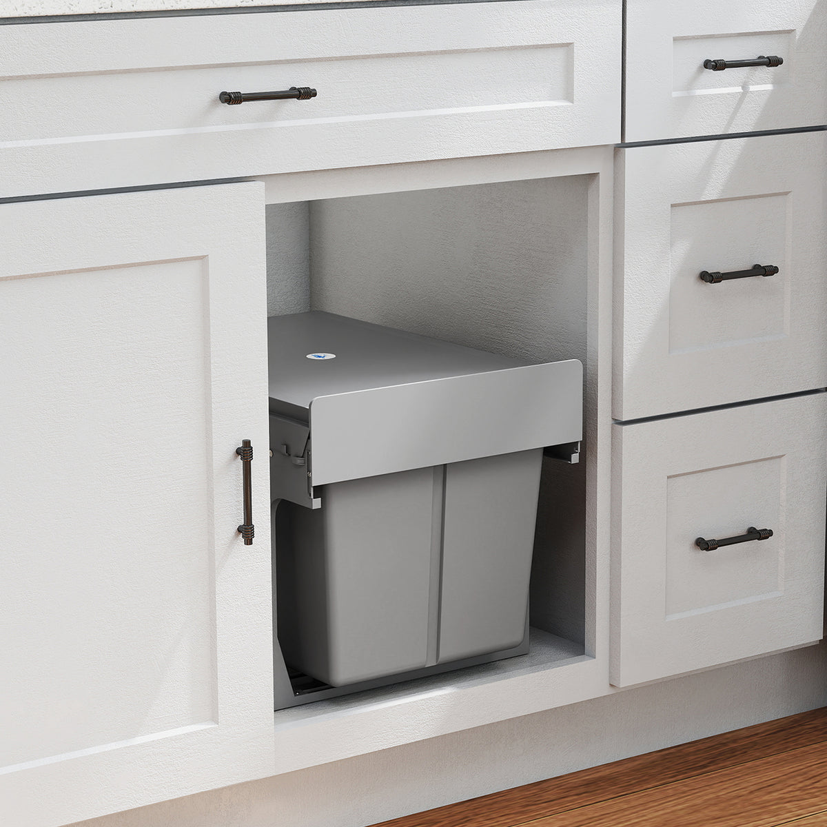 Pull Out Bin, Under Sink Bin - 3 Removable Compartments (15L + 2 x 8L) for 400mm Cabinets, Light Grey