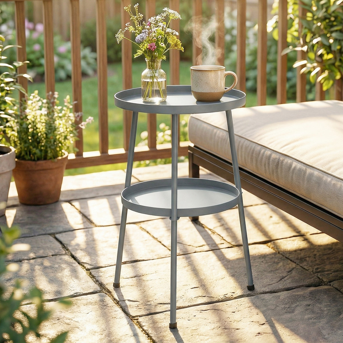 Beistelltisch Ø36 cm, Balkontisch aus Metall Esstisch Outdoor, rund Terrassentisch für Garten Terrasse Balkon Dunkelgrau
