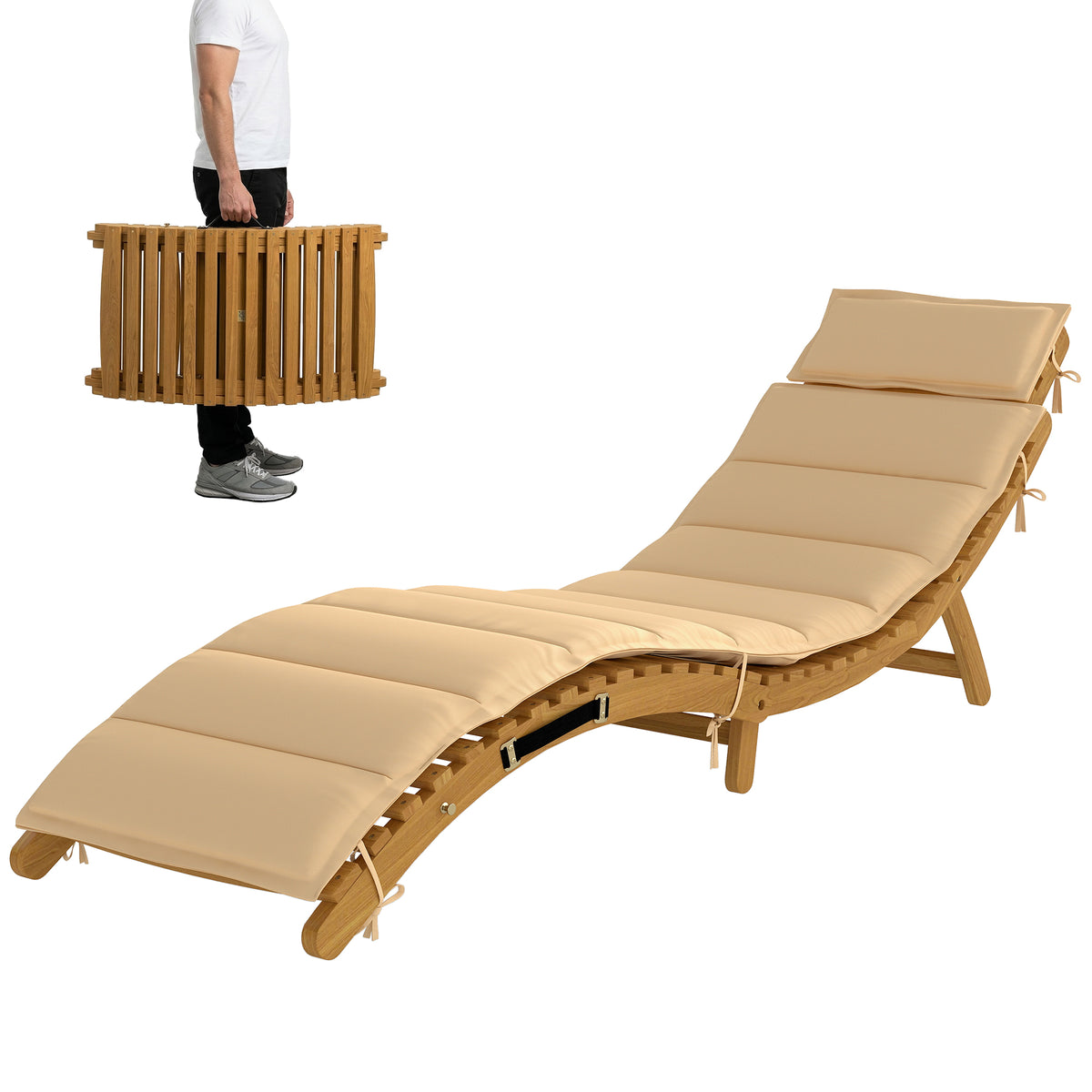 Sonnenliege klappbare wetterfeste Gartenliege aus Holz mit Polsterung Kopfstütze Tragegriff 183 x 54 x 63 cm, Beige