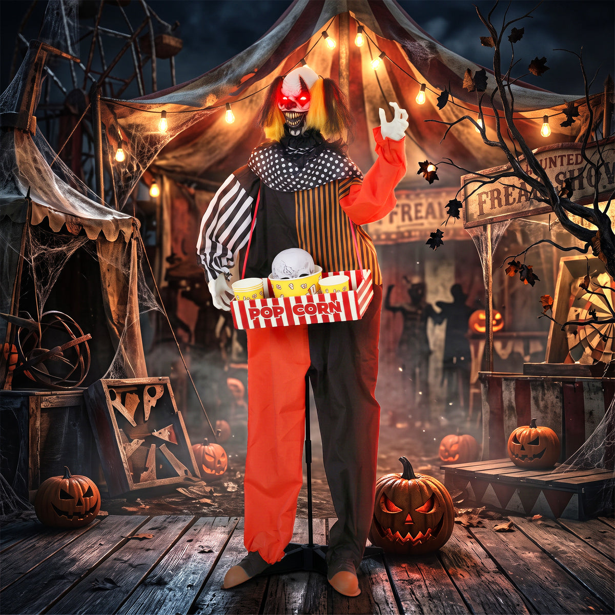 Animierter Halloween-Popcorn-Clown mit hochschnellendem Kopf, Grusel-Sound, Jahrmarktmusik und leuchtenden Augen