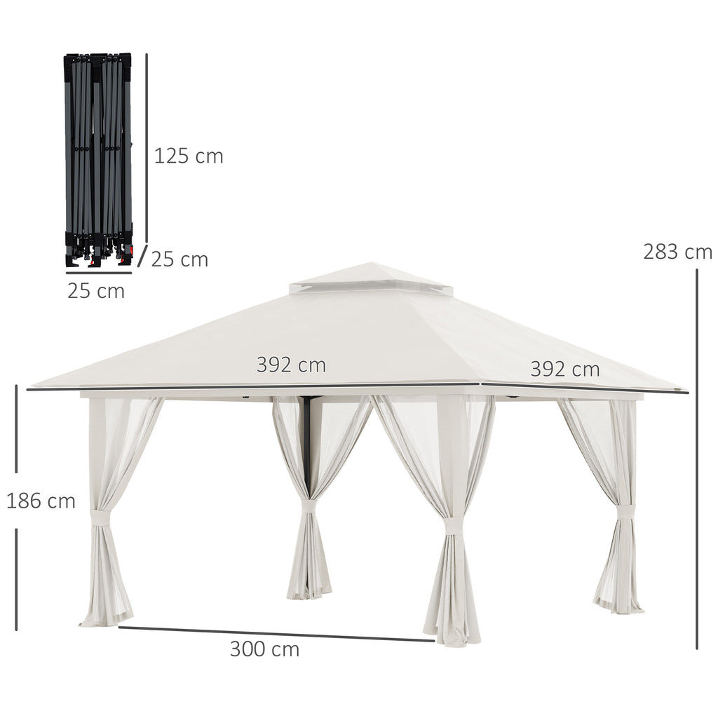 Faltpavillon, höhenverstellbar, 4 Netzwände, Lüftungsdach, Tragetasche, Schnellaufbau, 4 x 4 x 3 m, Cremeweiß