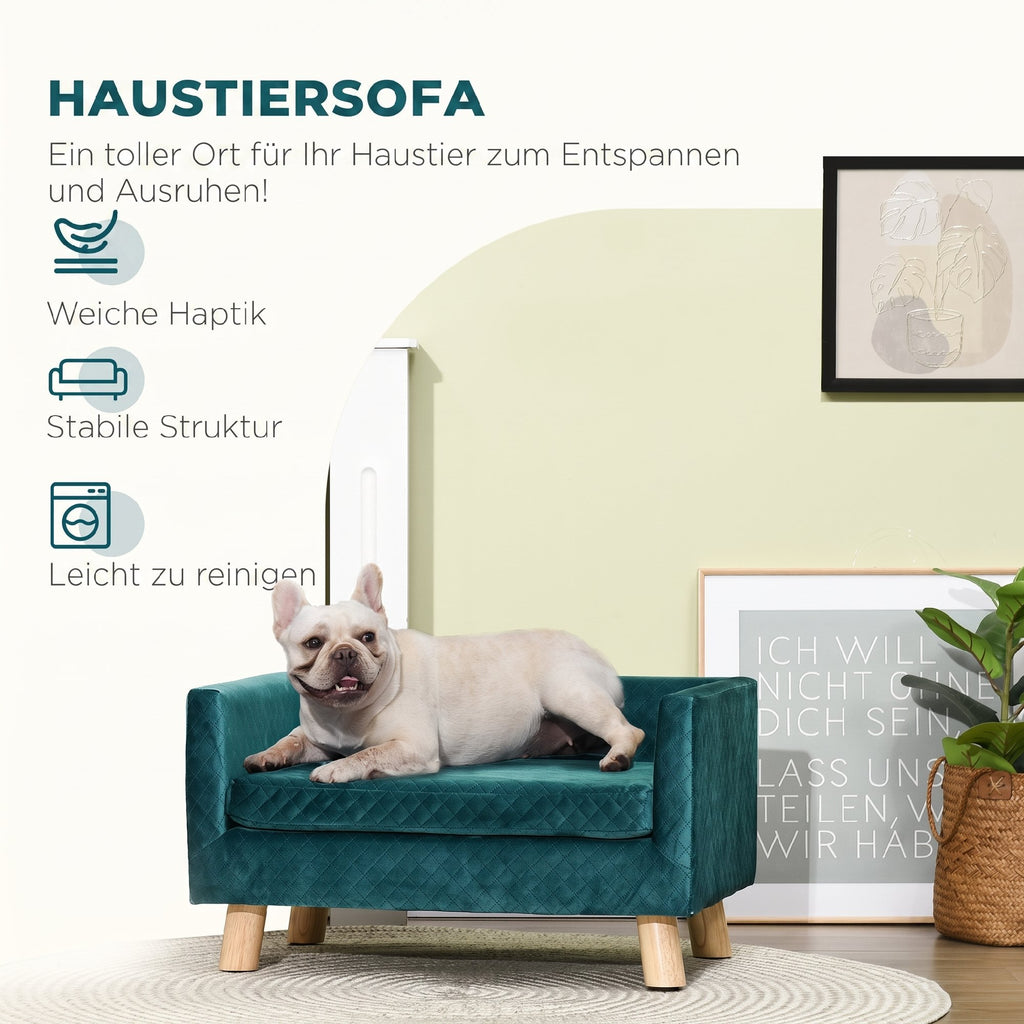 Hundesofa Hundebett Hundecouch aus Samt mit Rückenlehne, Holzbeine, Kissen, bis zu 8 kg 64 x 45 x 36 cm Blau