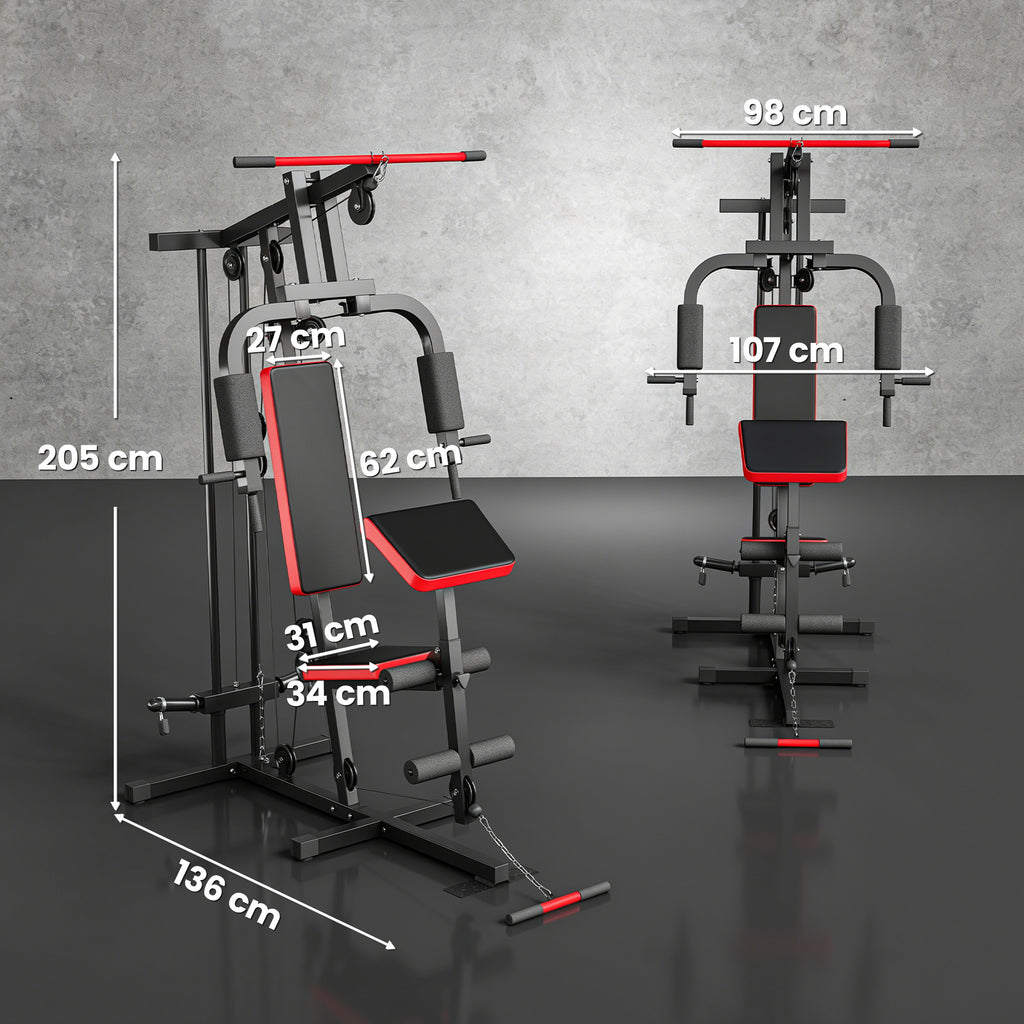 Kraftstation Fitnessstation mit Latzug, Butterflystange, verstellbar Preacher Bank, Beintrainer, bis 120kg Schwarz+Rot