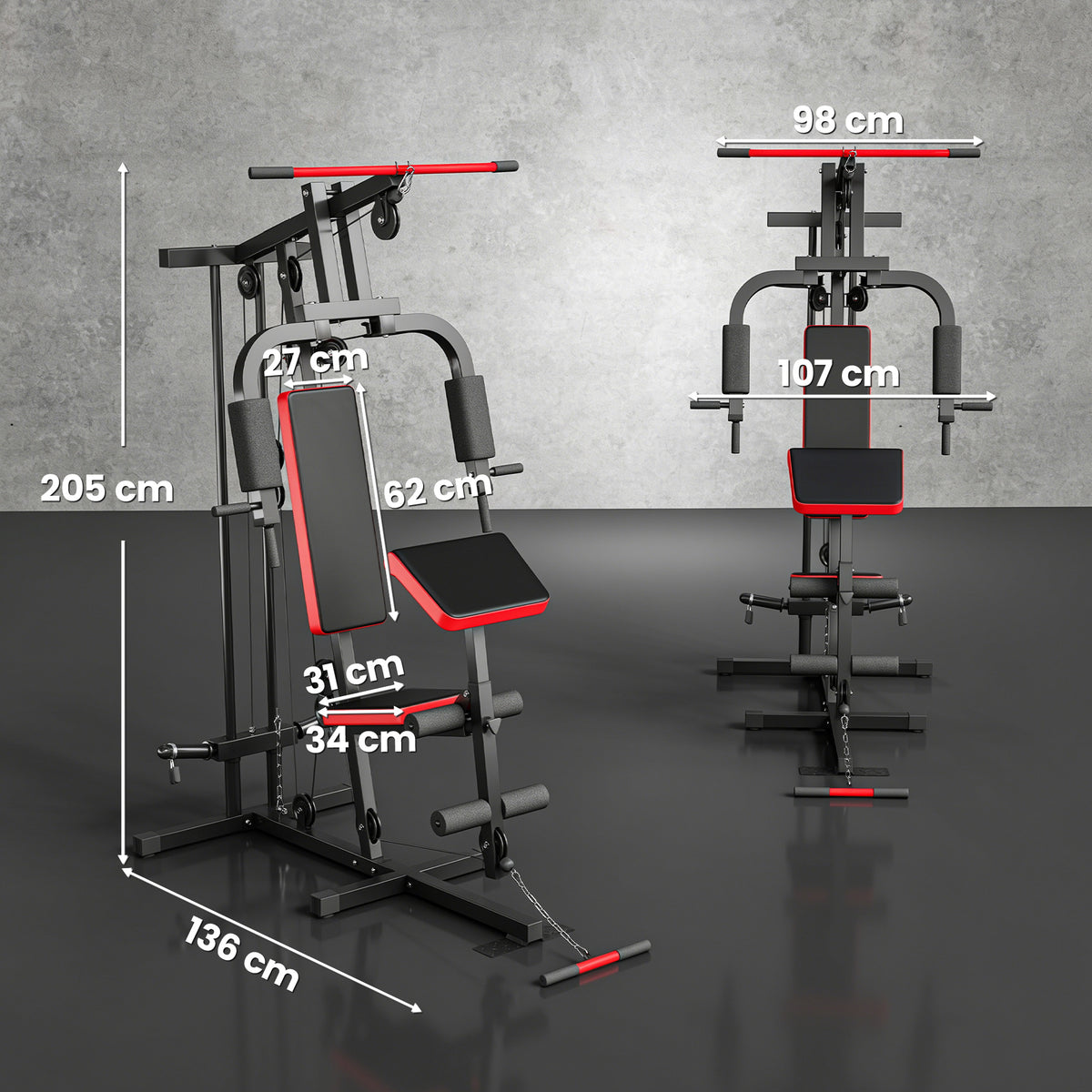 Kraftstation Fitnessstation mit Latzug, Butterflystange, verstellbar Preacher Bank, Beintrainer, bis 120kg Schwarz+Rot